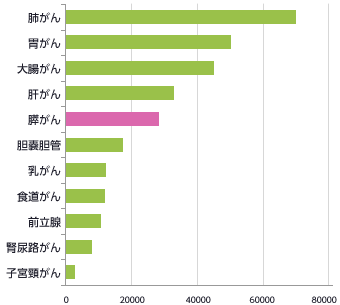 図：2010年がんによる死亡者数35.3万人、うち膵がん2.8万人